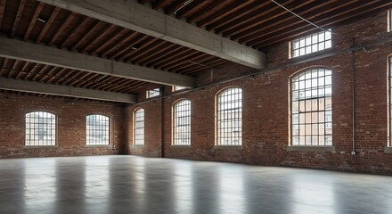 Empty Industrial Interior with Red Brick Walls and Large Windows