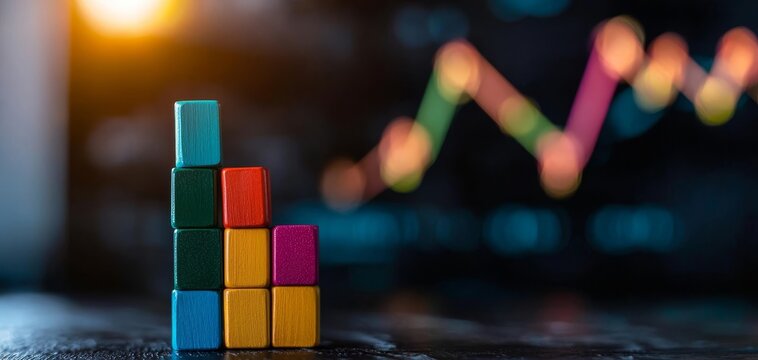 Colorful blocks stacked in a bar chart formation, against a blurred background of rising graphs and light, suggesting growth or progress in a business context.