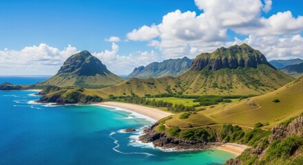 Stunning coastal landscape with lush green hills meeting turquoise ocean waters under a bright blue sky