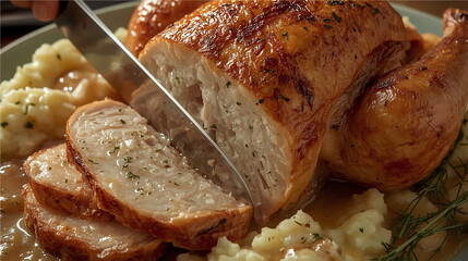 Top view of traditional roast chicken served with creamy mashed potatoes and rich gravy. Classic homemade meal perfect for family gatherings.