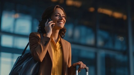 Confident businesswoman talking on her smartphone while carrying a suitcase at the airport representing efficient travel arrangements and professional communication during a business trip