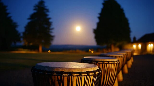 Evening Rhythms:  A row of drums bathed in the serene glow of the full moon. The scene speaks to the ancient pulse of culture and a harmonious blending of music with nature. 