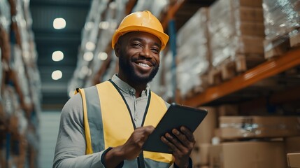 A smiling man uses a tablet to oversee assurance and inventory management in a contemporary cinematic lit warehouse setting with a focus on logistics  taking and digital checklists