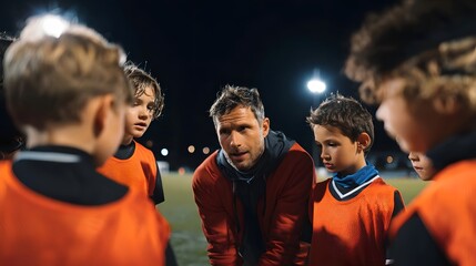 Coach guiding a group of children on a soccer field providing motivation game plan and strategy for their team s competition and training session