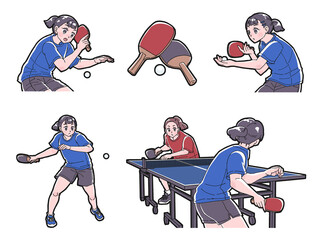 卓球をする女の子のイラストセット