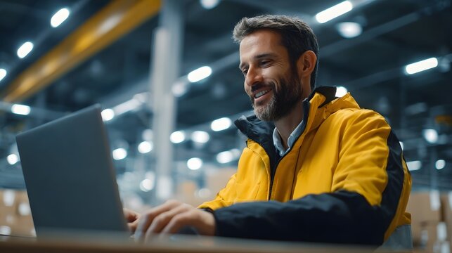 A person working on a laptop focused on tasks related to inventory management shipping and supply chain logistics within an industrial plant setting with a cinematic contemporary lighting style