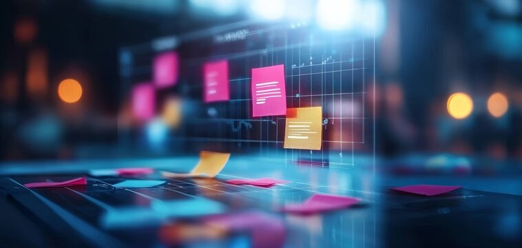 A digital workspace featuring colorful sticky notes on a transparent screen, illustrating brainstorming and project management.