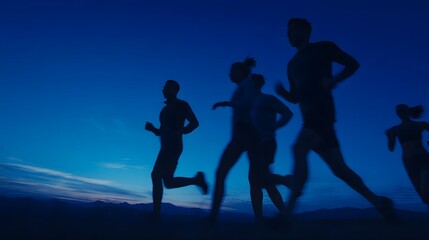 A group of friends enjoying a workout together outdoors running on a scenic trail surrounded by lush greenery and natural lighting