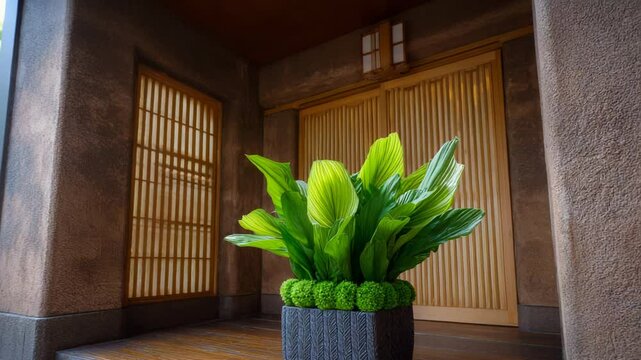 Japanese House Entrance with Hosta Plant: A vibrant hosta plant in a sleek, dark gray pot sits elegantly by the entrance of a traditional Japanese house.