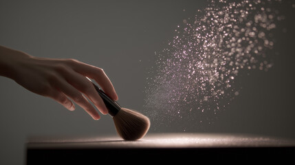 Illuminating Beauty Dust: A Hand Holding a Brush Releasing Glittering Powder