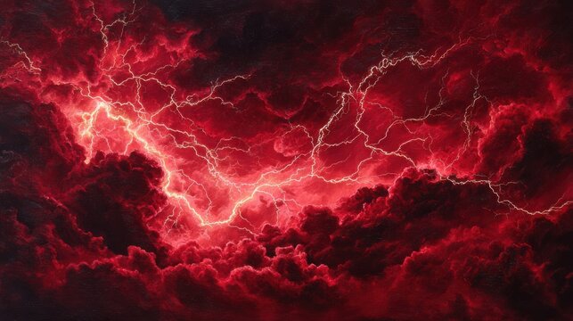 Vivid red storm clouds illuminated by bright white lightning strikes across the sky