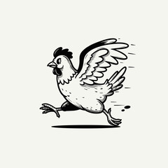 Black-and-white illustration of a running chicken with wings spread, drawn in a dynamic, fast-paced pose.