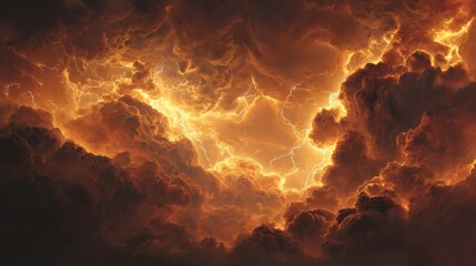 Fiery orange clouds illuminated by intense lightning strikes in a dramatic sky