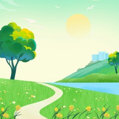 The image shows a bright and calming natural scene landscape with trees