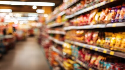 Fototapeta premium Blurred supermarket aisle with colorful snacks