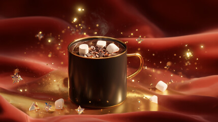 Indulgent Hot Chocolate with Marshmallows on A Luxe Red Silk Backdrop and Soft Golden Sparkles