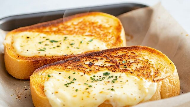Delectable Garlic Bread: A close-up shot of two golden, toasted garlic bread slices, adorned with melted cheese and garnished with fresh herbs, offering a tempting view for culinary enjoyment.