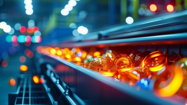 A close-up view of a production line showcasing glowing glass orbs, illuminated by colorful industrial lights in a factory setting.