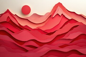 Layered Paper Cut Style in Deep Red Gradient Waves. Abstract Background