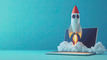 A laptop with a rocket coming out of the screen, a concept about the fast speed and rapid development in the technology business, on a blue background.