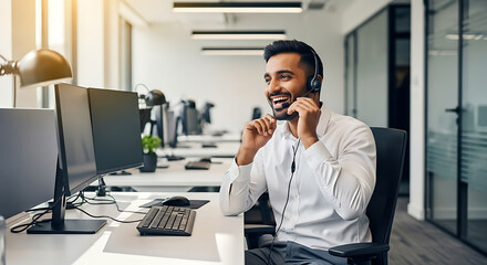 Fototapeta premium Friendly Customer Service Agent at Desk: A cheerful agent in a neat office, wearing a headset, provides seamless service with a smile, enhanced by natural lighting and a positive atmosphere.