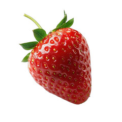 Single, ripe strawberry, bright red, speckled with tiny seeds, green leaves, stem attached
