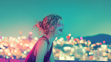 都会の夜景と笑顔の若い女性
