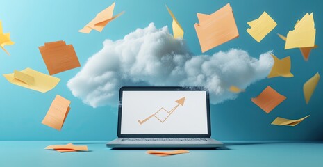 A laptop with a white screen in front of a cloud, arrows pointing to the laptop and clouds floating above it, yellow and orange documents flying around on a blue background,