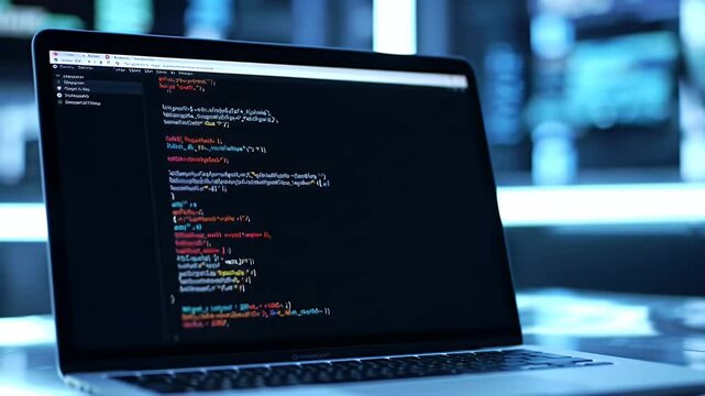 Laptop Displaying Colorful Code at Night
