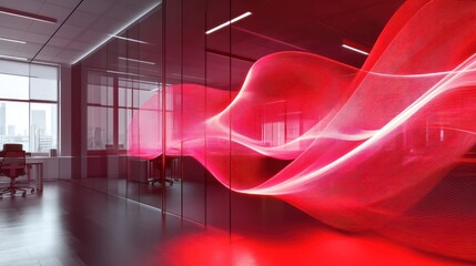 Intense Red Neon Currents Illuminating High Tech Office Interior. Abstract Background