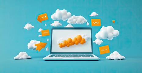 A laptop with a white screen in front of a cloud, arrows pointing to the laptop and clouds floating above it, yellow and orange documents flying around on a blue background,