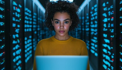 A focused individual with curly hair works on a laptop surrounded by glowing server racks in a data center.