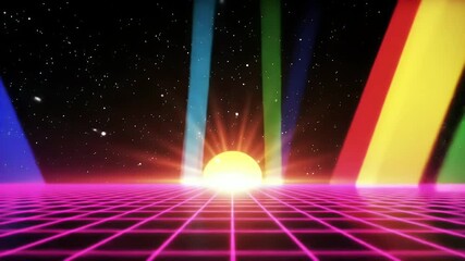 Retro Sunset Grid with Neon Rays - Powered by Adobe