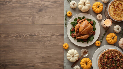Flat lay of golden roast turkey served on a holiday table with seasonal garnishes. Traditional and cozy family meal.