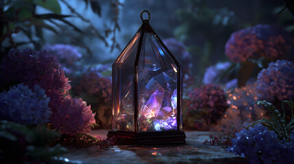 Surreal holographic lantern with glowing heart core and bioluminescent flowers