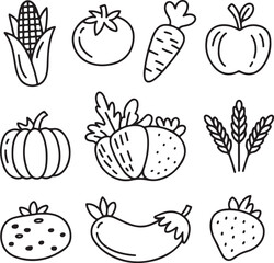 Farm Produce Doodle Vector Set in Black and White