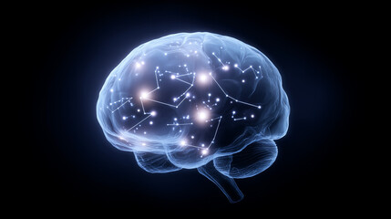 Obraz premium A translucent human brain filled with floating star constellations, representing subconscious learning processes.