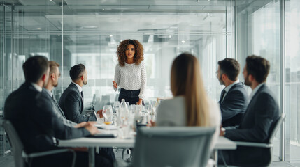 Women CEO presenting her employees in a board room