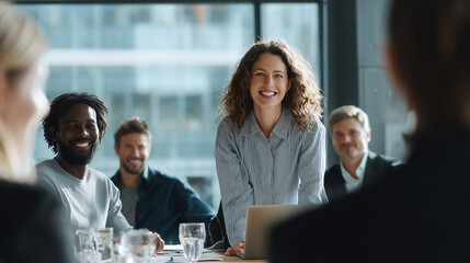Wide shot of a diverse group of business people sitting around a conference table. The participants have smiling faces