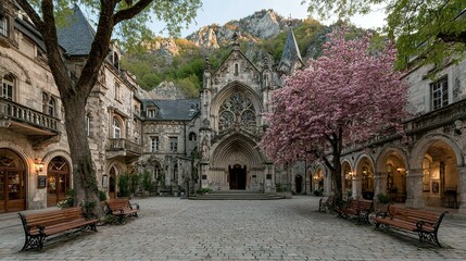 Obraz premium A cobblestone courtyard enclosed by ancient stone buildings and a blossoming tree.