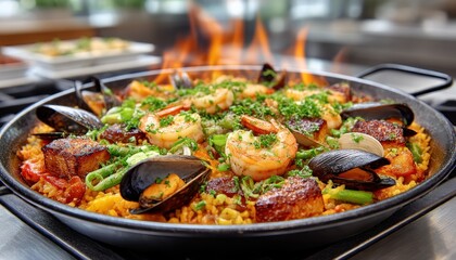 Delicious seafood paella dish