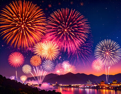 花火 夏 祭り 夜空 イラスト調-firework / summer / festival / night sky / illustration style / Generated image-