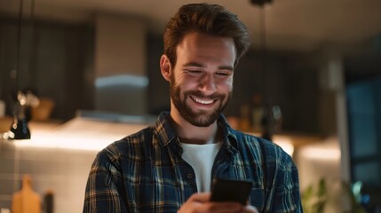 A smiling man using a smartphone in a contemporary kitchen setting likely checking news messages or social media while enjoying his morning routine at home