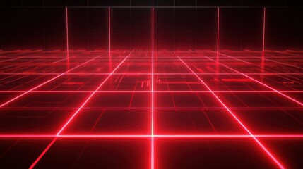 Neon Red Glowing Cyberpunk Grid with Digital Circuits. Abstract Background