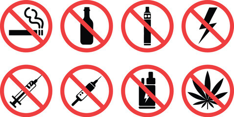 Various prohibited items depicted with red circles and diagonal lines on a white background