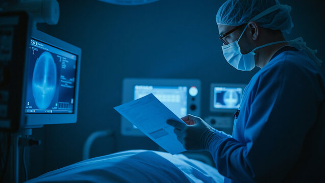 Surgeon Reviewing Medical Charts in Blue-Lit Operating Room.