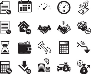 Financial icons depicting documents calendar hourglass wallet calculator coins and money bags vector