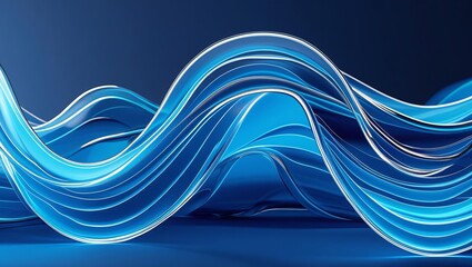 Transparent glass-like digital waves in cyan and electric blue tones, layered and flowing on a dark blue background, glowing edge highlights, soft focus, futuristic feel.