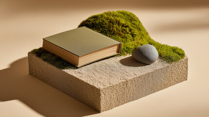 Nature Inspired Book Display, Mossy Mound with Stone, Neutral Tones and Simple Still Life