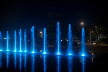Illuminated blue water fountain jets create a mesmerizing display at night, reflecting beautifully in the pool, offering a tranquil and captivating scene.